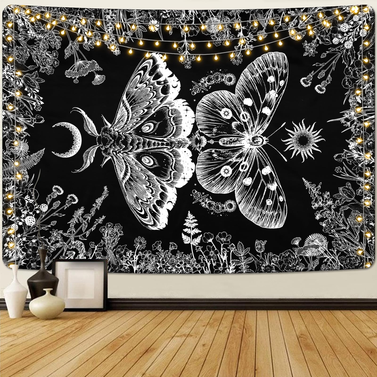 Krelymics Aesthetic Butterfly Tapestry Plants Flowers Tapestries Boho Moth Tapestry Moon Garden Tapestry Black and White Tapestry Wall Hanging for Bedroom Dorm(59.1 x 82.7 inches)