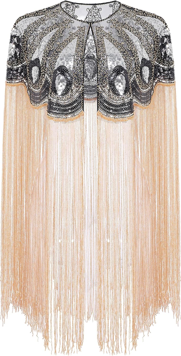 BABEYOND 1920s Shawl Wraps Long Fringed Evening Cape Sequin Beaded Party Shawl - Image 2