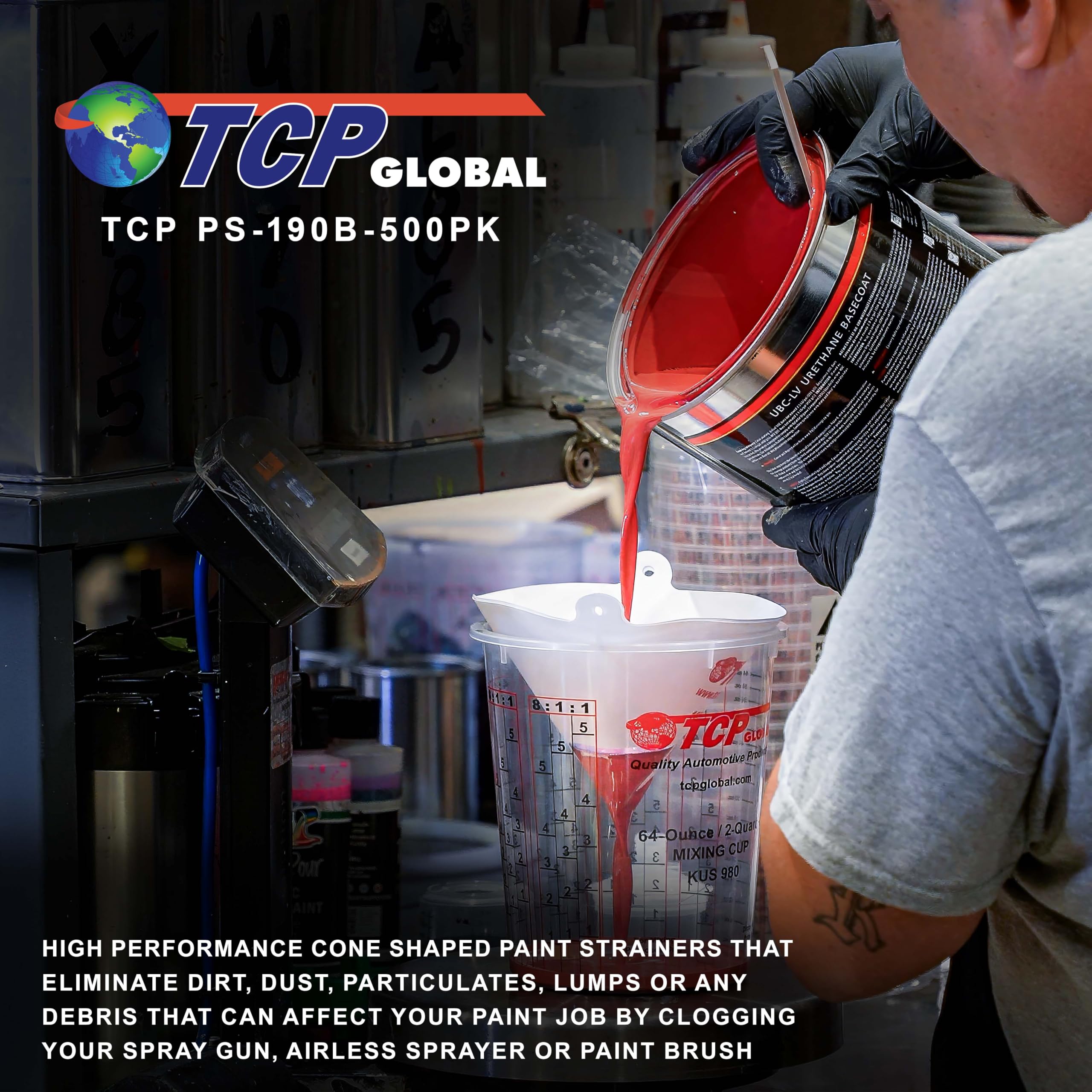 TCP Global Paquete de 500 coladores de pintura con puntas de filtro finas de 190 micras, malla de nailon azul ultra flujo "Pure Blue" de alta calidad, pantalla de filtro de pintura cónica