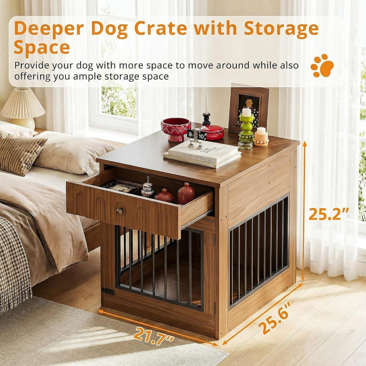IRONCK Dog Crate Furniture, Wooden Dog Crate with Drawer and Flip-Top Storage, Indoor Dog House End Table for Small Breeds, for Living Room, Bedroom, Walnut