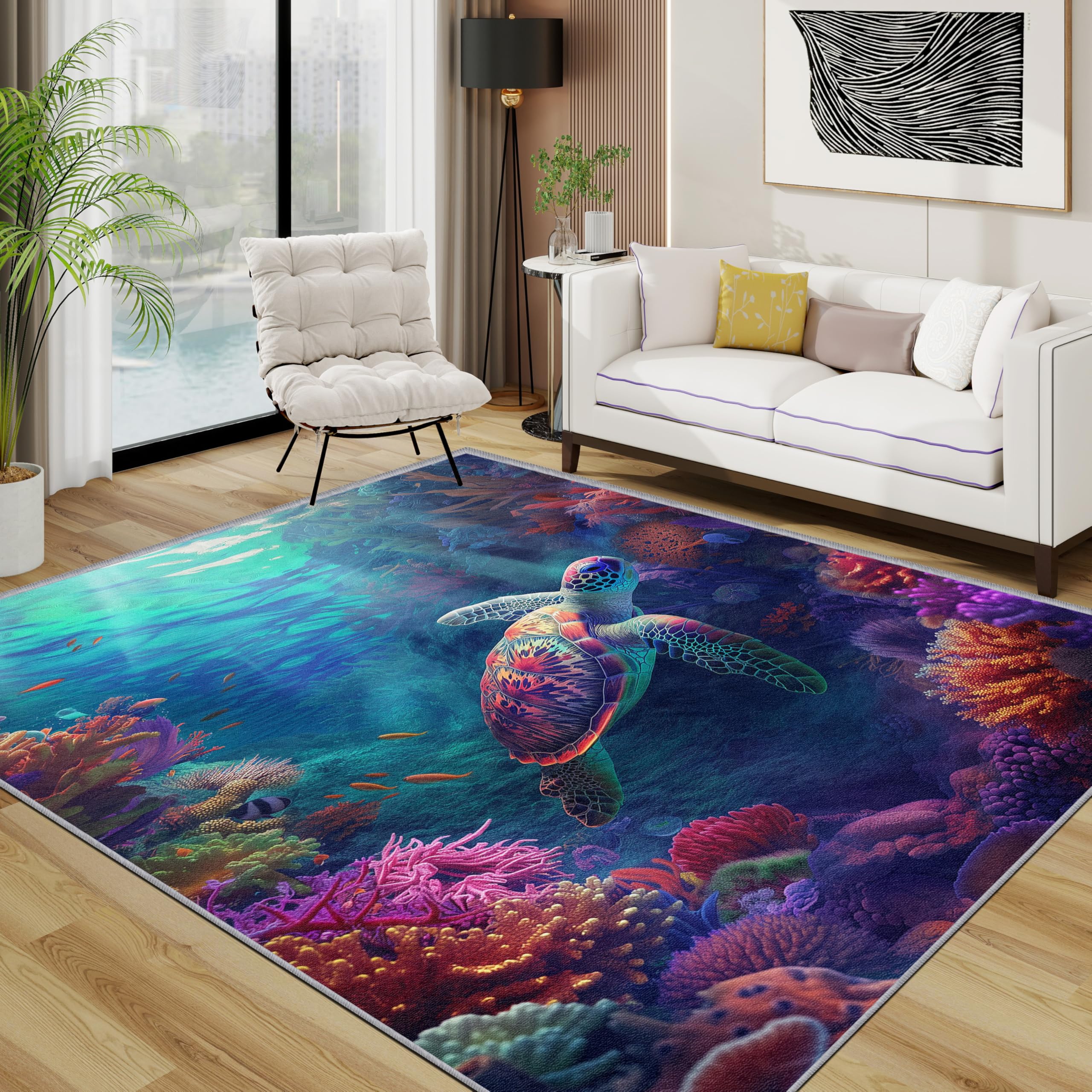 Sea Turtle Rugs Living Room Large 200x300 - Colourful Underwater Coral Bedroom Rug, Ocean Animal Washable Non Slip Low Pile Carpet, Sea Turtle Home Decor