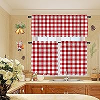 Vista 3 de Buffalo Check Tiers and Valances Set Red and White Farmhouse Kitchen Window Curtain Rod Pocket Window Treatment Decor Curtain