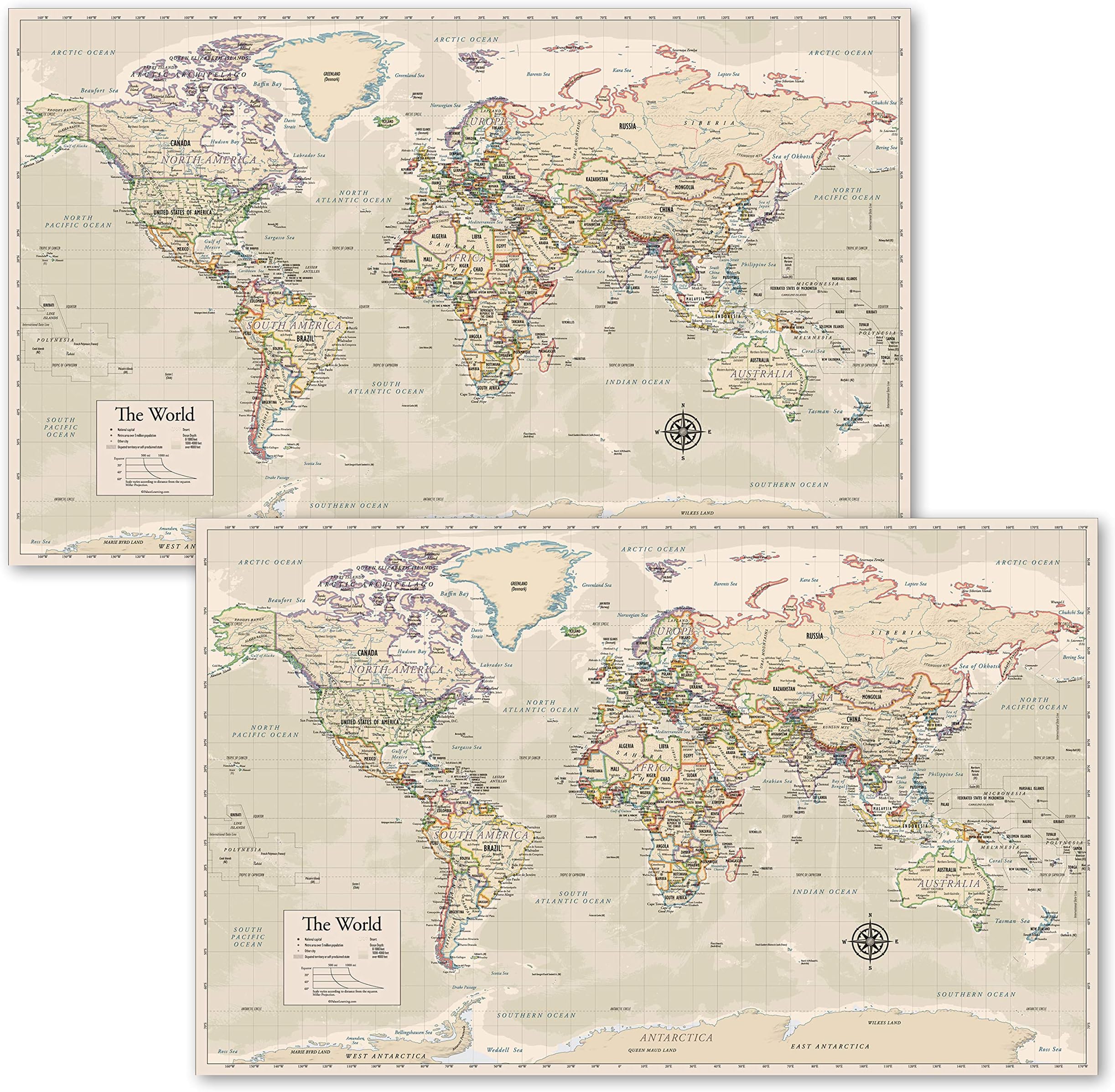 2 Pack - Set of 2 Antique Style World Map Posters (LAMINATED, 18" x 29")