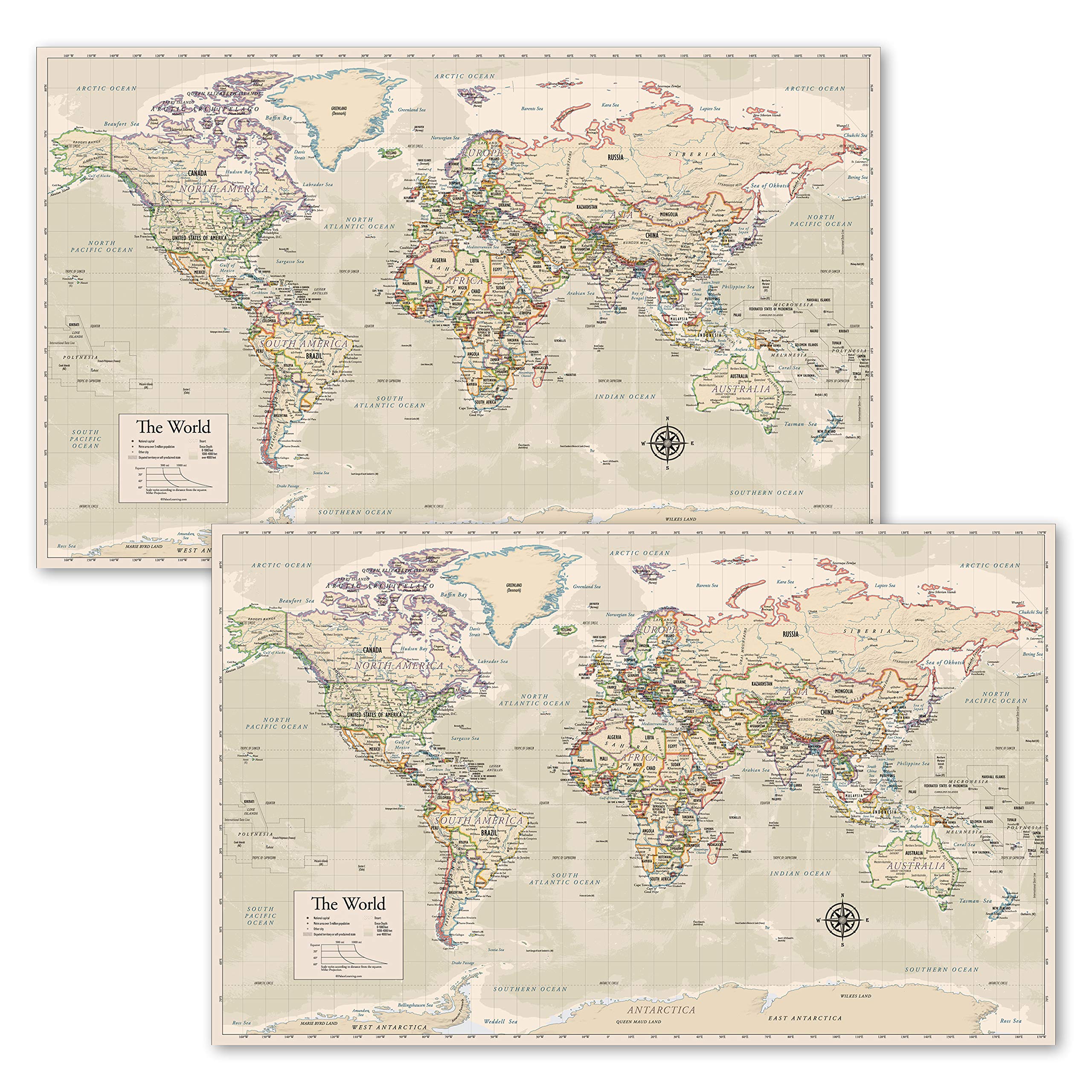 2 Pack - Set of 2 Antique Style World Map Posters (LAMINATED, 18" x 29")