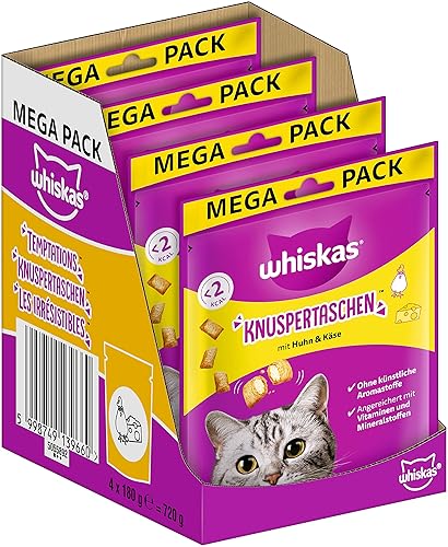 Whiskas Knuspertaschen Katzensnack mit Huhn– & Käsegeschmack, 4er Pack, 4x180g – Katzenleckerlis für erwachsene Katzen - Huhn & Käse - 720 g (1er Pack)