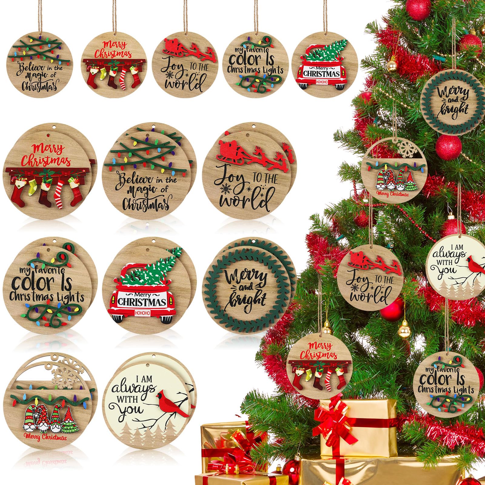 Huwena 24 adornos colgantes de madera 3D de Navidad, adornos de gnomo cardenal para decoración de casa de campo, redondos, camiones, coronas de Navidad, manualidades para decoración del hogar