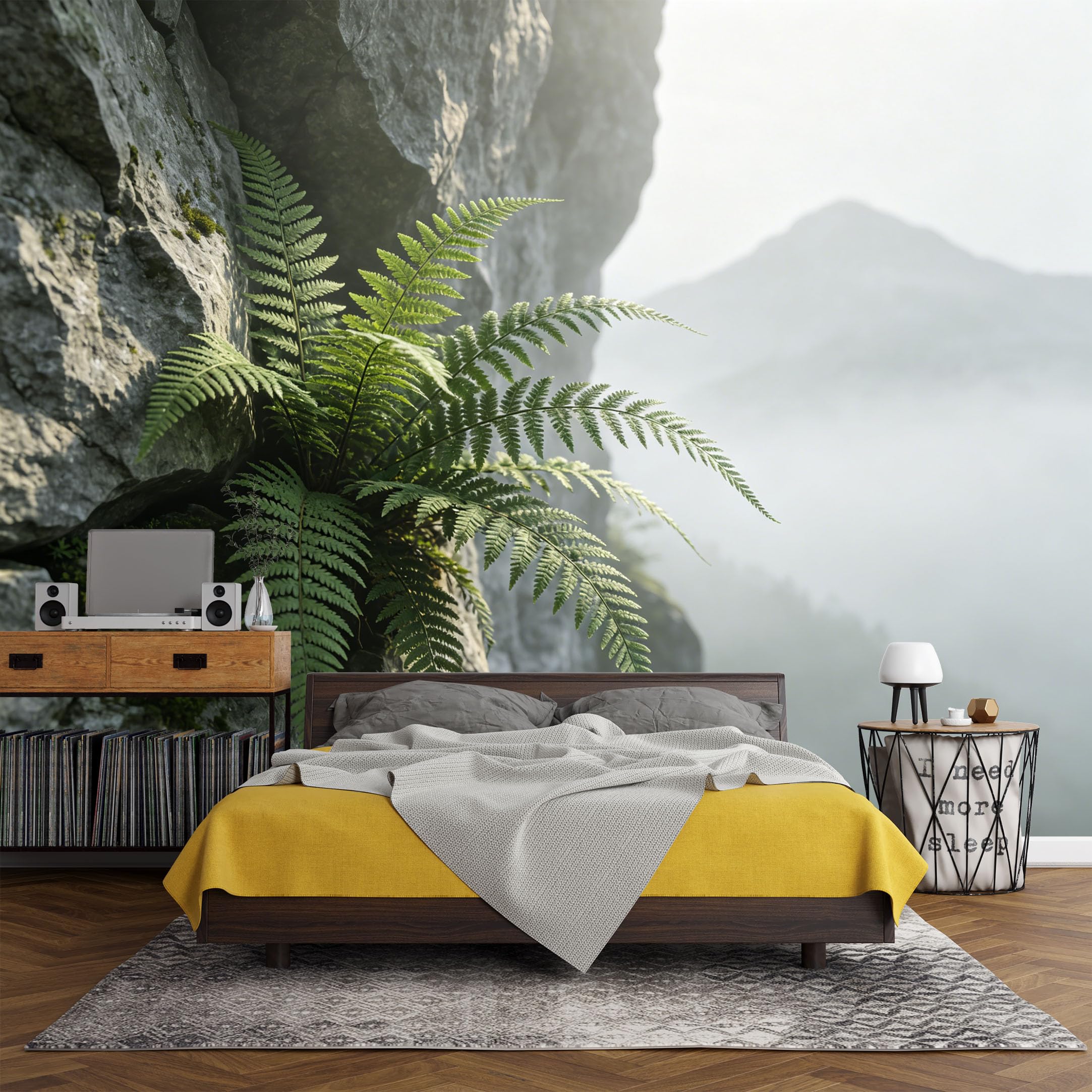 Custom Size Wall Mural Mountain Fern Botanical Cliff Landscape Foggy Peak，SelfAdhesive Art Prints wall Fabric（No PVC） Removable Wallpaper Living Room Decor