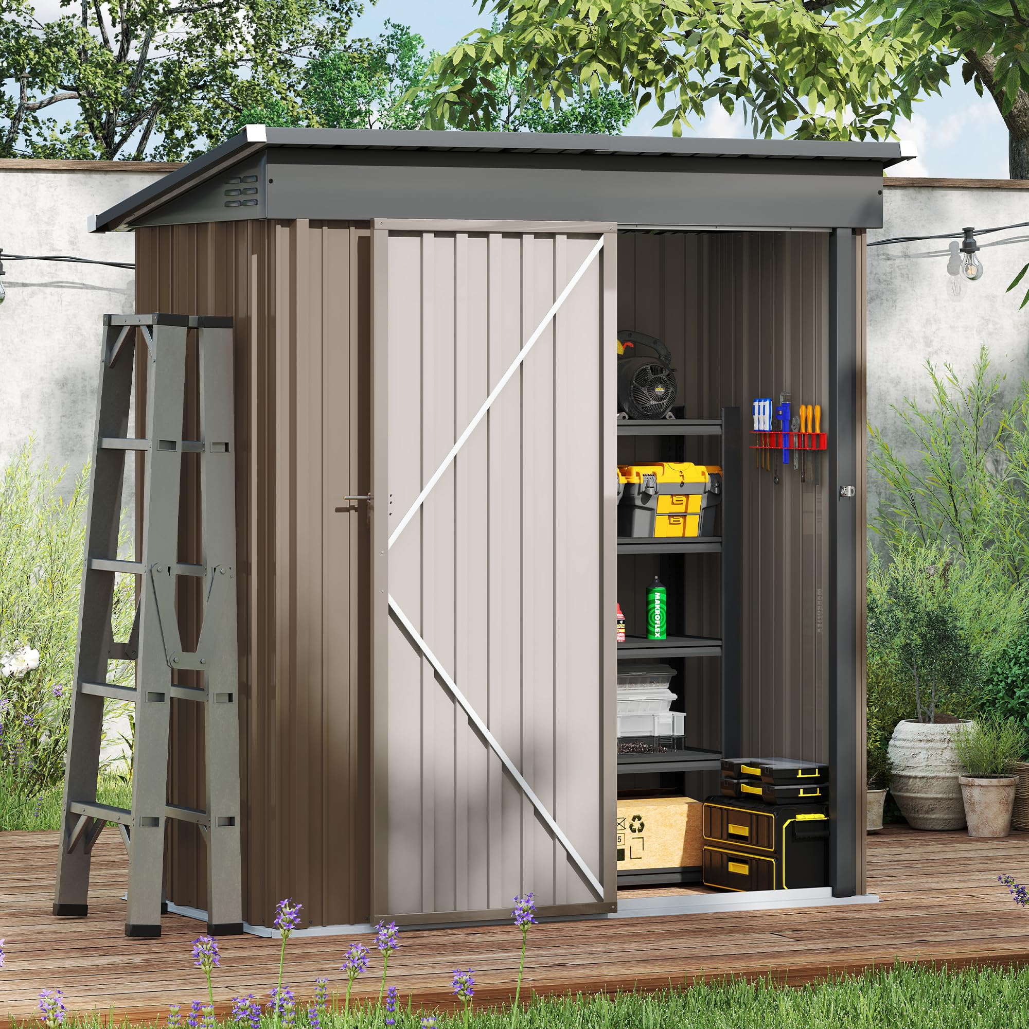 Amopatio Metal Garden Storage Shed 5x3 ft, Small Storage Shed 162x92x182 cm, Outdoor BikeShed Waterproof with Lockable Door for Winter, Backyard, Patio, Garbage Bin, Tools, Brown