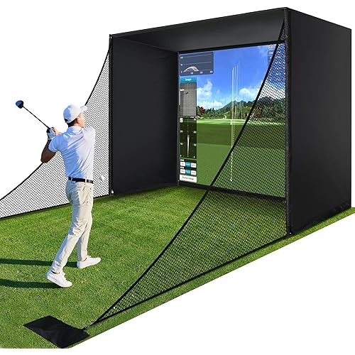 Golf Simulator Enclosure Kit with HD Impact Screen 10x8ft / 8.4x8.4ft, New Upgrade Light-Blocking Barrier and Frame, Indoor Home Golf Sim Training Cage Compatible with Launch Monitors