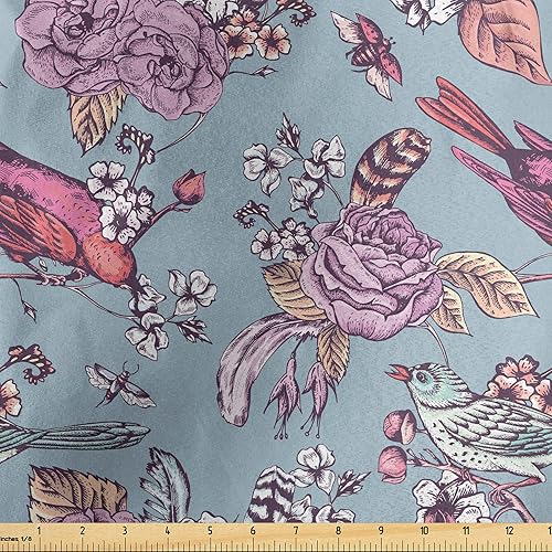 Ambesonne Spring Fabric by The Yard, Vintage Engraving Style Romantic Reviving Nature with Perching Birds and Flowers, Decorative Satin Fabric for