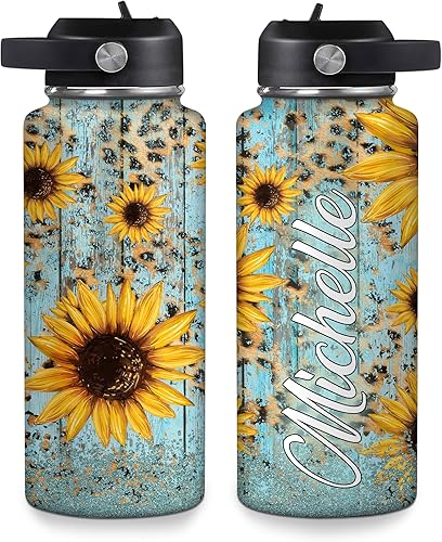 Hyturtle Botella de agua de girasol personalizada  Botella de acero inoxidable aislada de viaje con tapa a prueba de fugas, 18 onzas, 32 onzas,