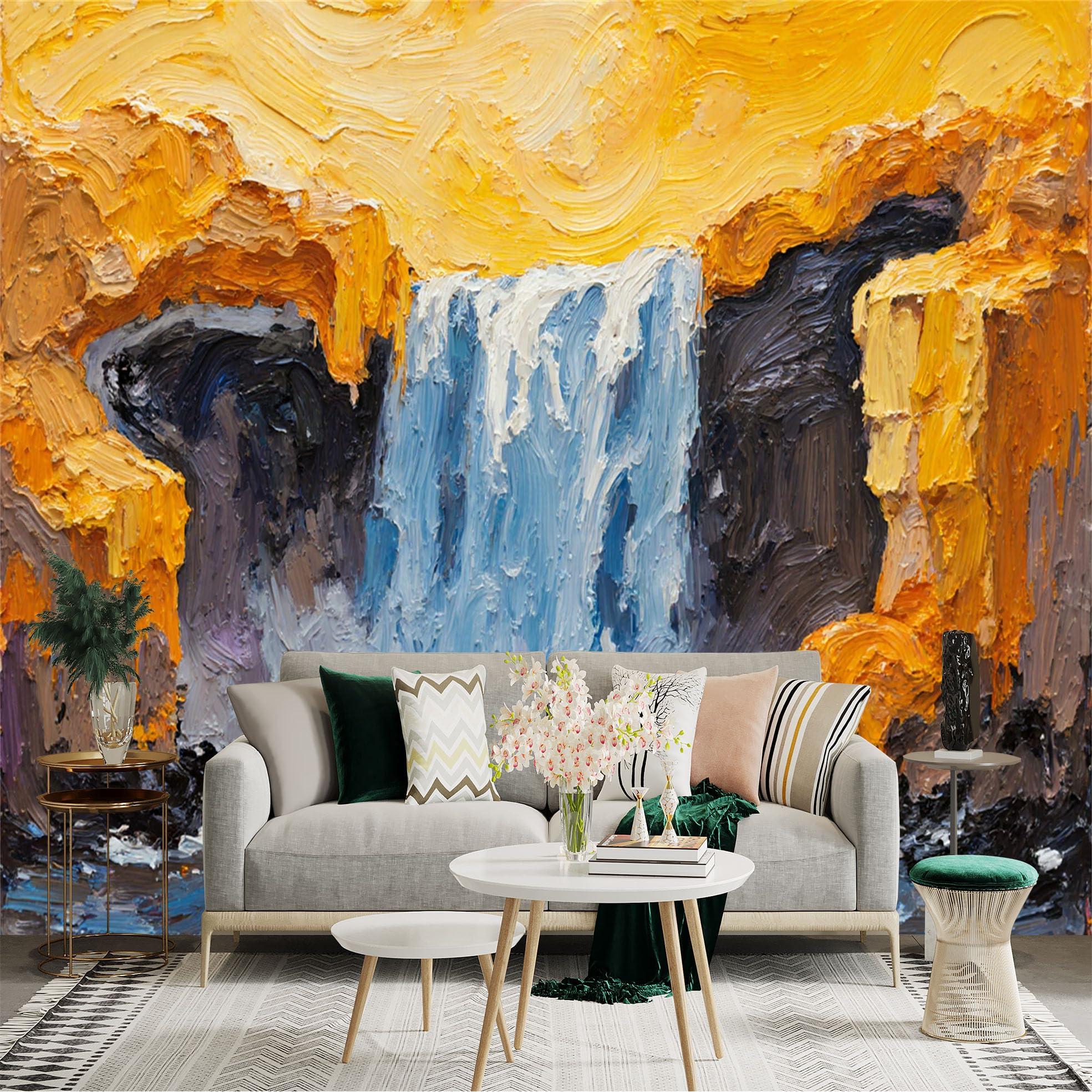 Custom Size Wall Sticker Mural， Abstract Waterfall with Golden Cliffs and Flowing River， for wall Decoration， peelandstick wall Decals.