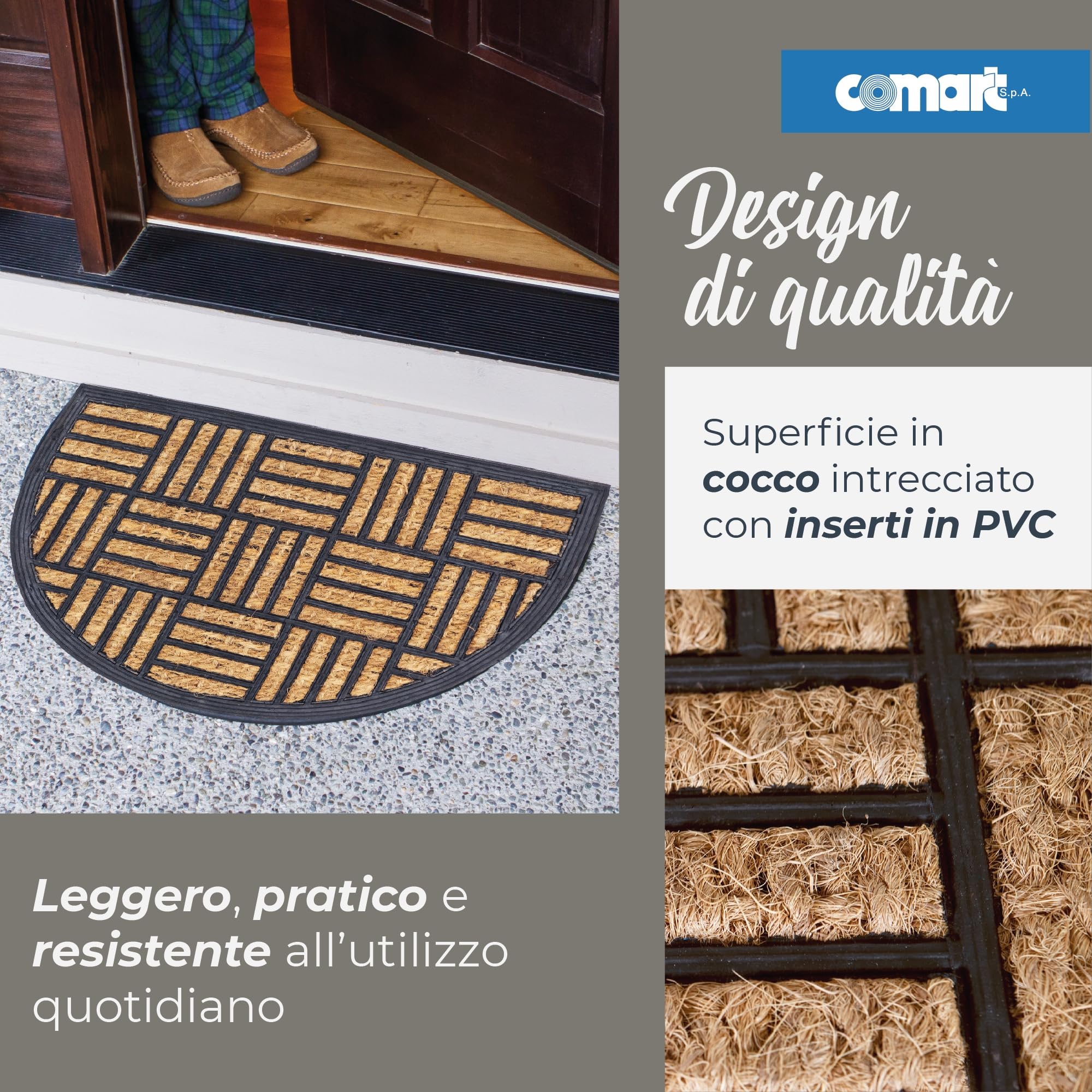 Comart - Zerbino Capitol - 40x60 cm - Zerbino in Cocco con Disegni in Gomma - Tappeto per Ingresso Esterno e Interno - Fondo Antiscivolo Gommato - Facile da Pulire - Mezzaluna - Design Geometrico