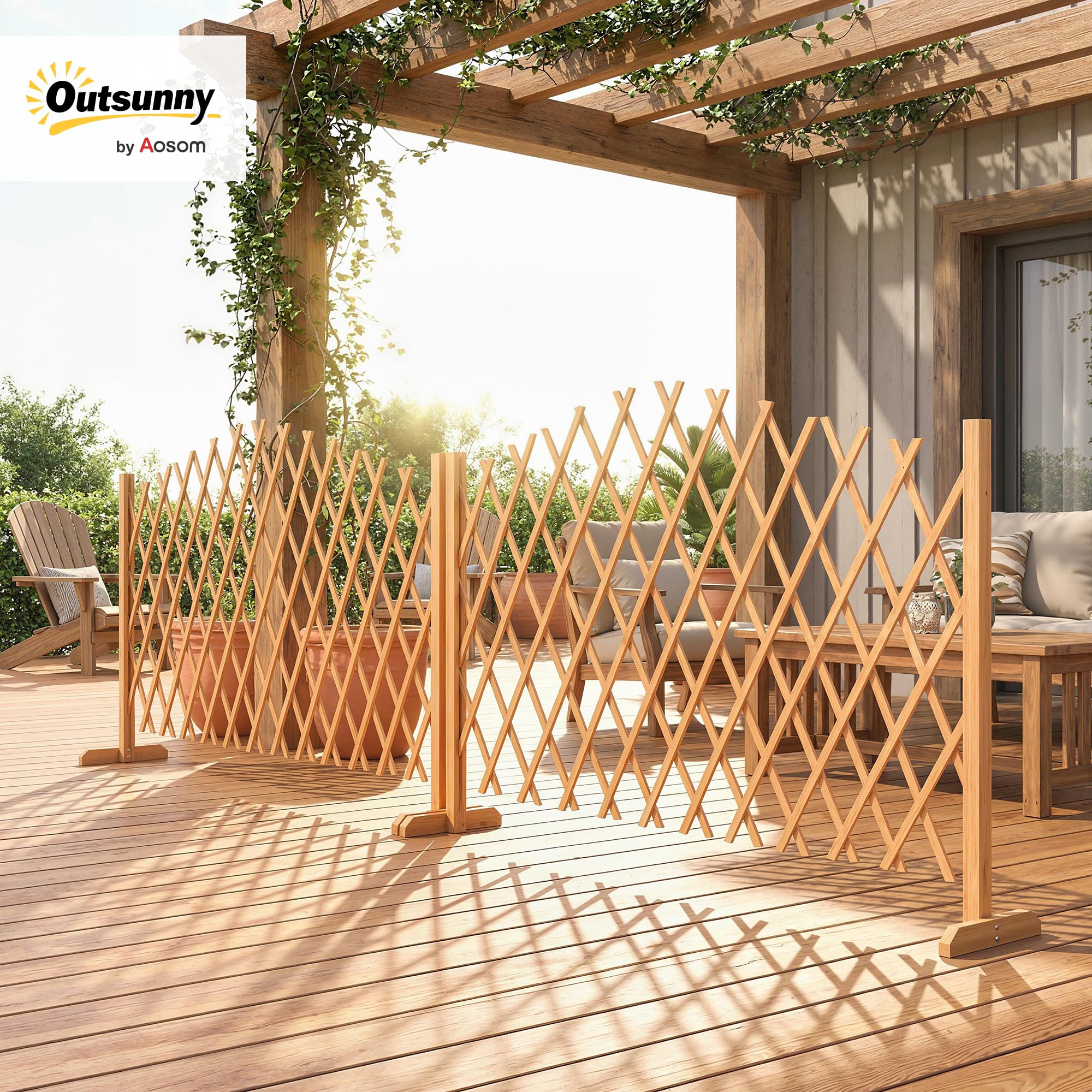 Outsunny 2 Pack Expanding Fence Panels, Wooden Freestanding Garden Fence with Adjustable Length, Stable Feet, Expandable Trellis Fencing for Indoor Outdoor Patio, 180 x 30 x 103cm, Brown — view 2