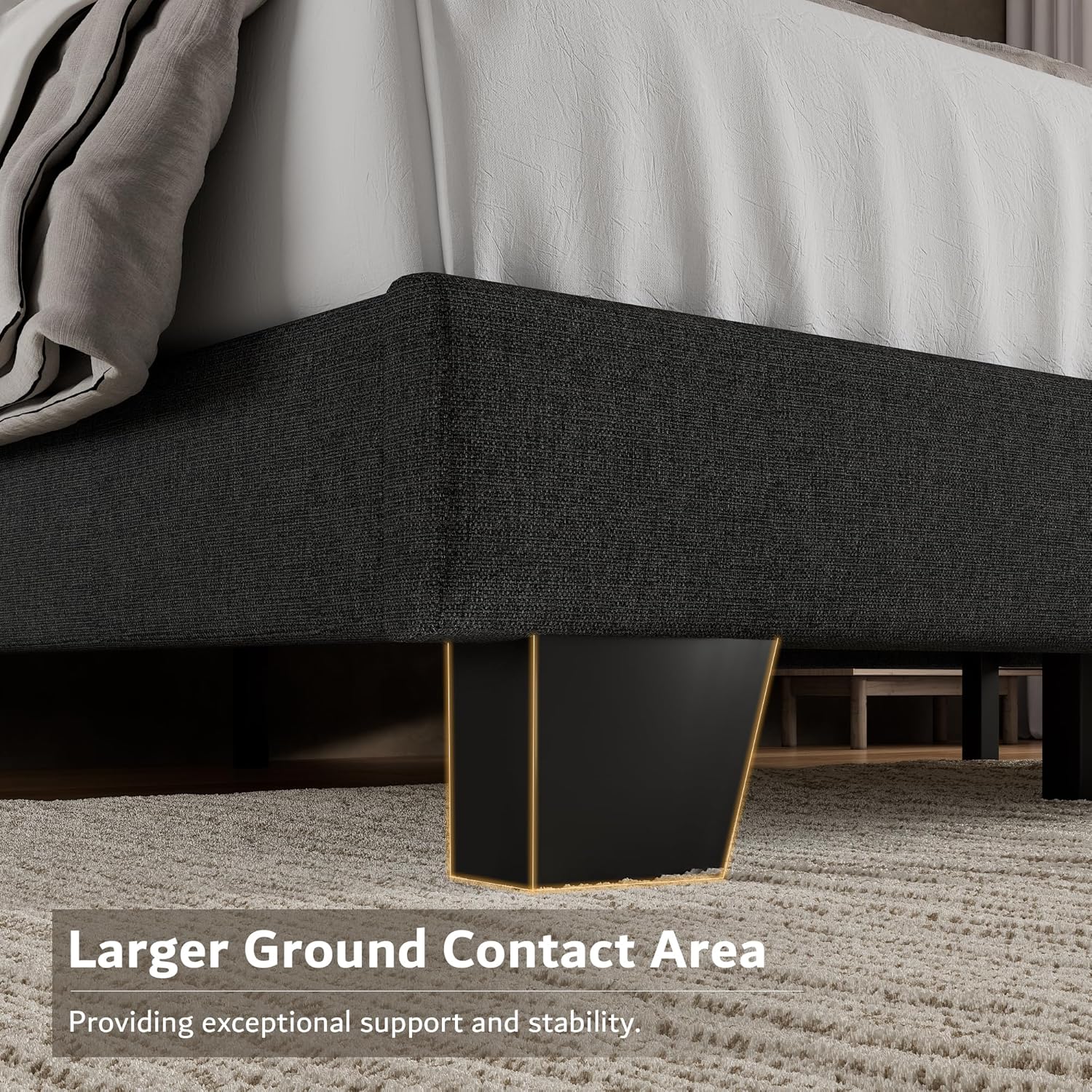 iPormis Queen Platform Bed Frame with Fabric Upholstered Headboard & Thickened Legs, Mattress Foundation w/Solid Wooden Slats Support, Noise Free, No Box Spring Needed, Dark Grey - Image 5