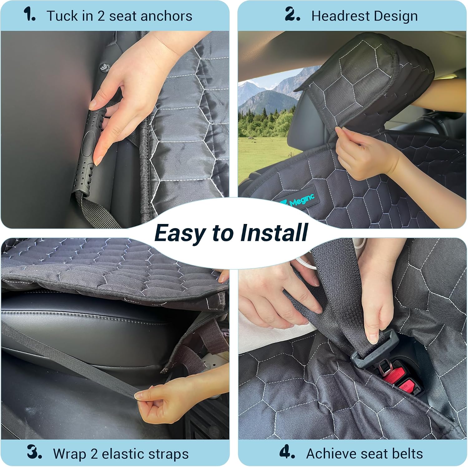 Meginc Dog Seat Covers for Tesla Model Y, Heavy Duty Bench Seat Cover with Headrest for Model Y, Non Slip Waterproof Back Seat Cover for Cars Armrest Compatible Car Seat Protector for Kids and Dogs