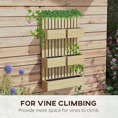 Miniatura 3 de Outsunny Jardinera elevada de 5 cajas con enrejado para flores de vid y plantas trepadoras, juego de macetas de madera montadas en la pared de 39