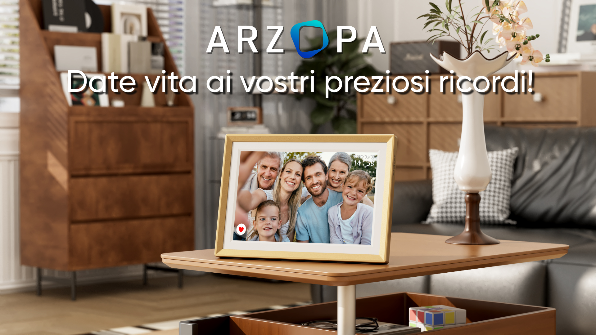 Cornice Digitale WiFi ARZOPA 10.1'' Con 32GB – Schermo IPS HD 1280x800 Touch, Condivisione Illimitata Di Foto E Video, Rotazione Automatica, Regalo Personalizzabile – Marrone - 2