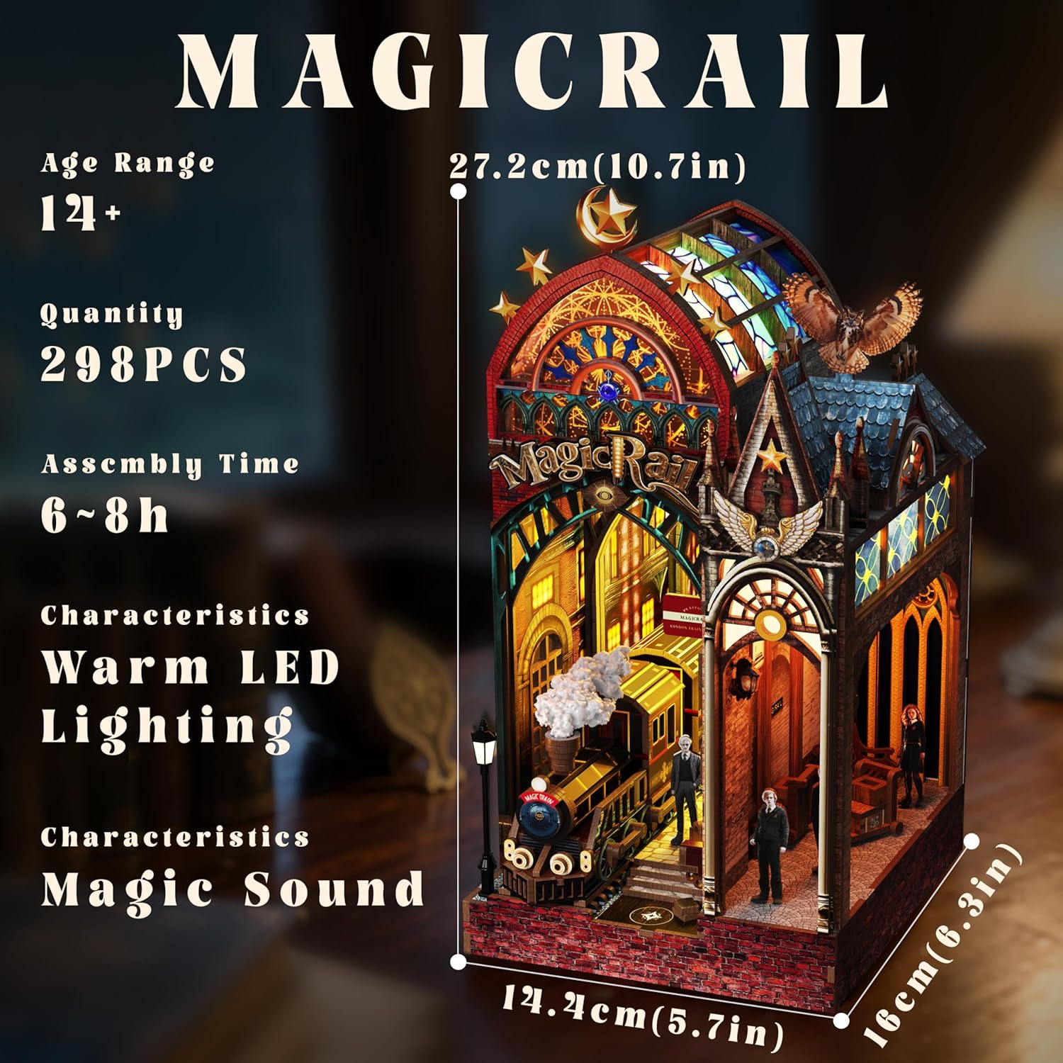 3D Wooden Puzzles for Adults, Magic Rail Train Station Book Nook Kit,LED 3D Puzzle Adult DIY Miniature Wood Model Building Kits with Music, Lights, Bookshelf Decor Gift for Christmas