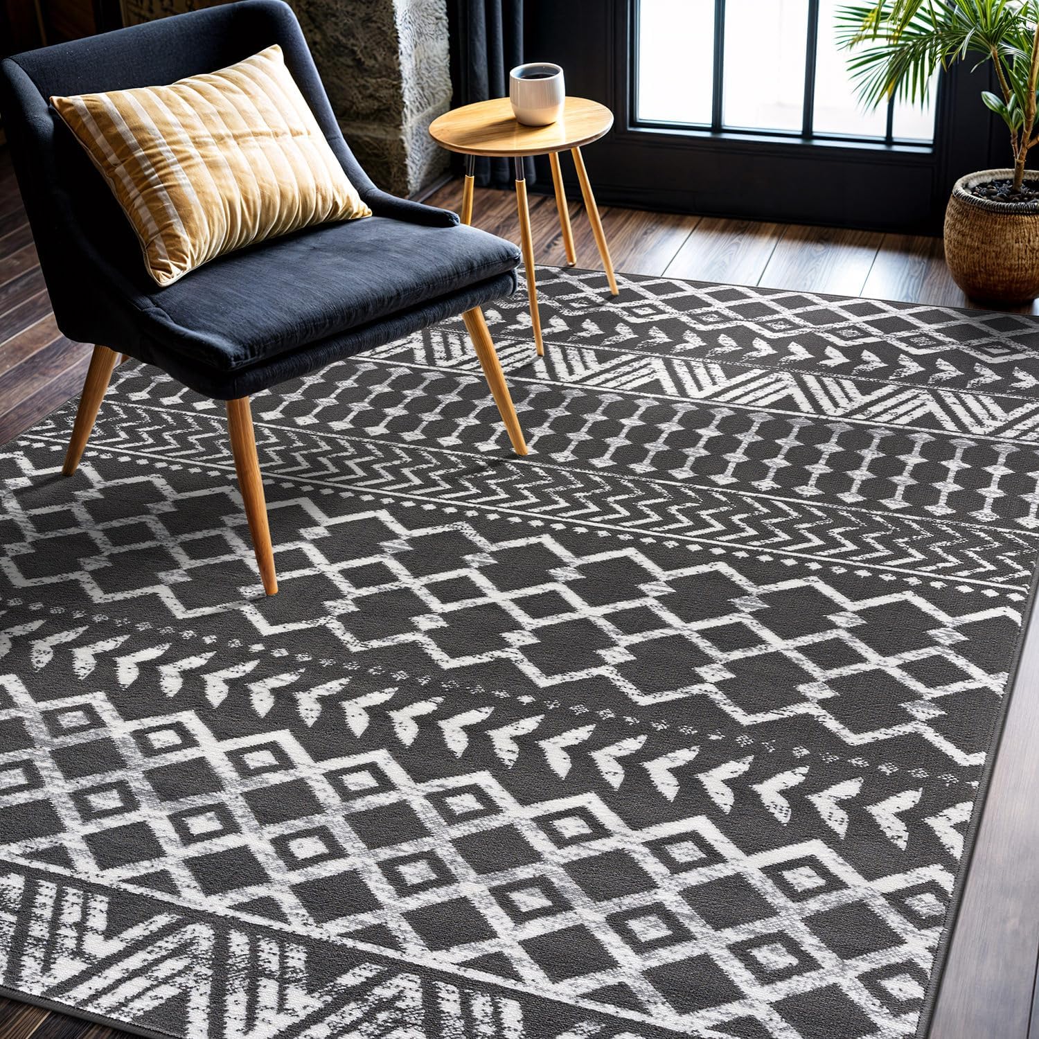 CAMILSON Boho Moroccan Dark Gray Rug Geometric Diamond 6x9 Area Rugs for Living Room Bedroom Kitchen Modern Bohemian Soft Stain Resistant Non-Shedding Indoor Carpet (6 x 9 Dark Grey and Cream)