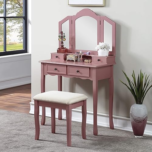 Miniatura 8 de Roundhill Furniture, Sanlo - Juego de tocador y banco de madera, blanco Blanco,Plateado,Oro Rosa,Rosado,https://www.amazon.com/dp/undefined