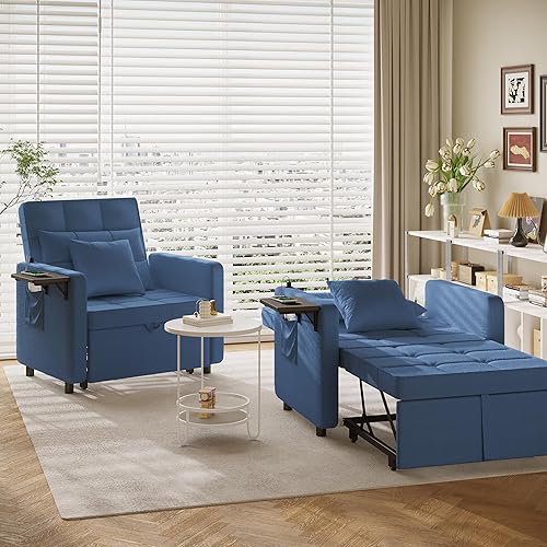 Vista 17 de Vabches Sofá cama 3 en 1 con mesa de ala y puertos USB, silla de terciopelo con respaldo ajustable, fácil montaje, azul