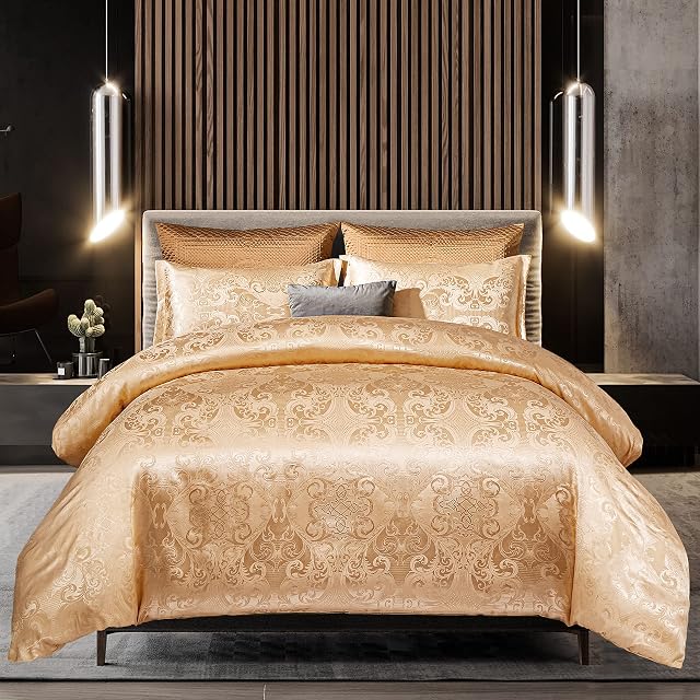 Djoymock Full Satin Silk Duvet Cover Set Gold Satin Jacquard Double Size 3 Piece Comforter Cover Soft Luxury Silky Bedding Set with 2 Pillowcases (1Duvet Cover 200X200cm