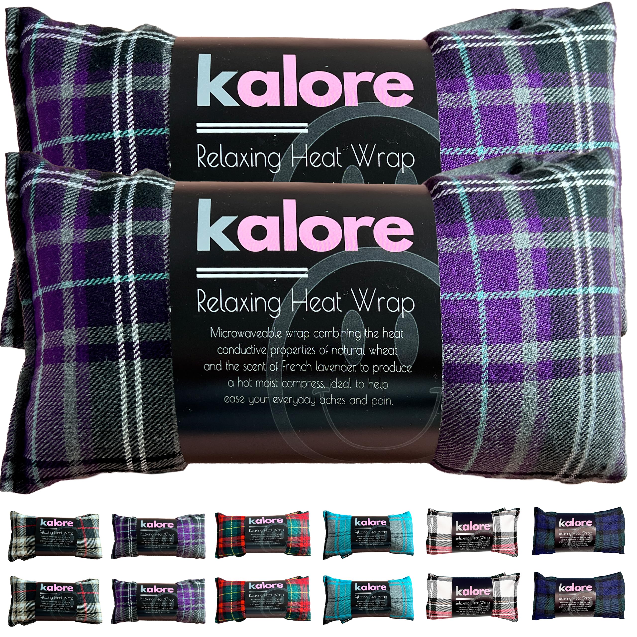 Kalore Wheat Bags Microwavable Neck and Shoulder Wrap, 2-Pack, Unscented Heat Bags for Body Comfort, Tartan Cotton Fabric, UK Wheat Heat Pack Compress, Purple