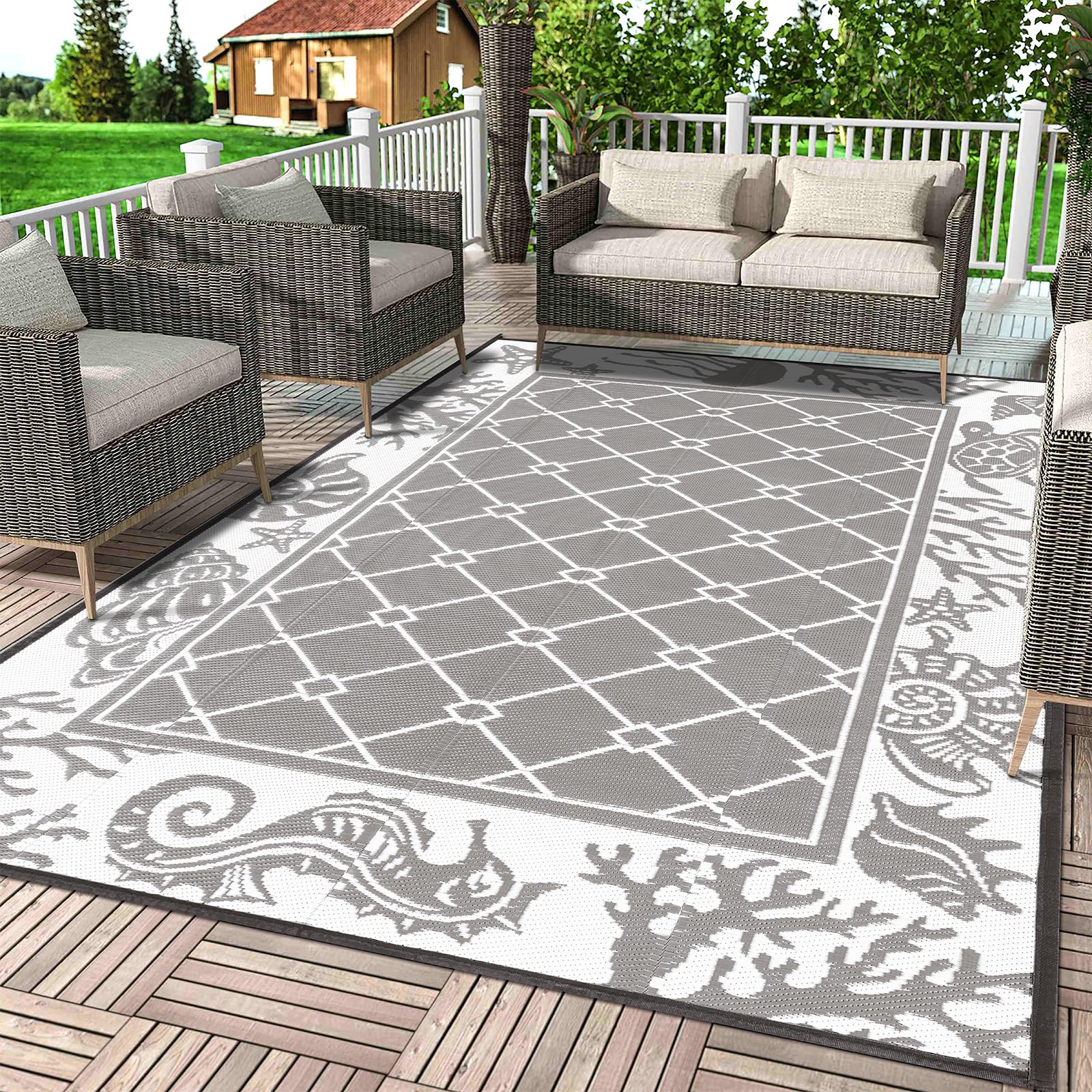 Vaukki Reversible Rugs, Plastic Straw Outdoor Doormat, Fade Resistant Plastic Outdoor Patio Mat, Lightweight Ocean Area Carpet for Patio, RV, Camping,