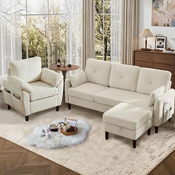 2 Piece Couch Sets for Living Room, Apartment, 3 Seater Couch and Armchair, Mid Century Modern Sofa Set, Corduroy Couch with Ottoman, Beige