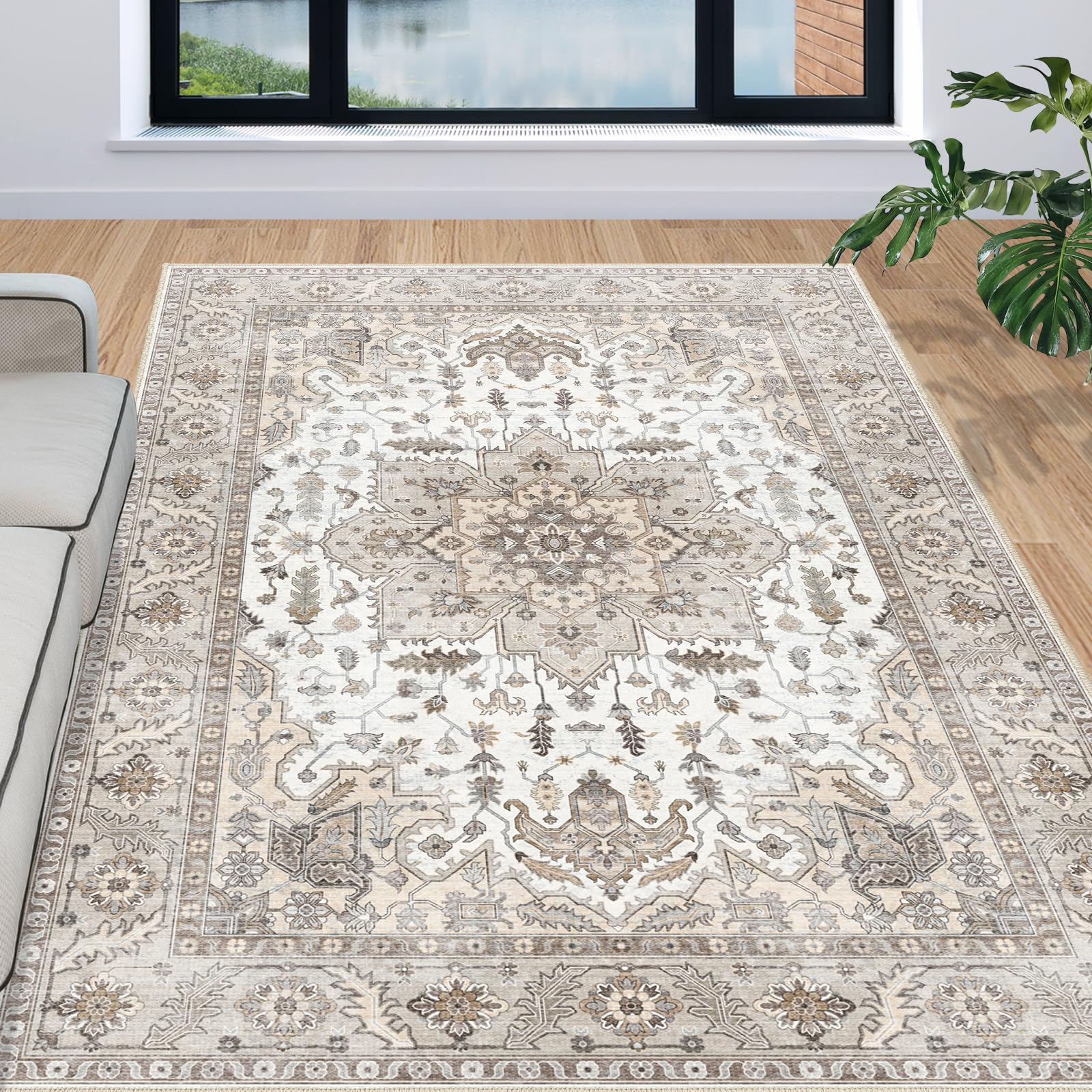 SONGLET 9x12 Area Rugs for Living Room, Washable Rugs, Non-Slip Backing Beige Rug for Under Dining Table Bedroom Farmhouse Nursery Home Office ?Beige?9x12?