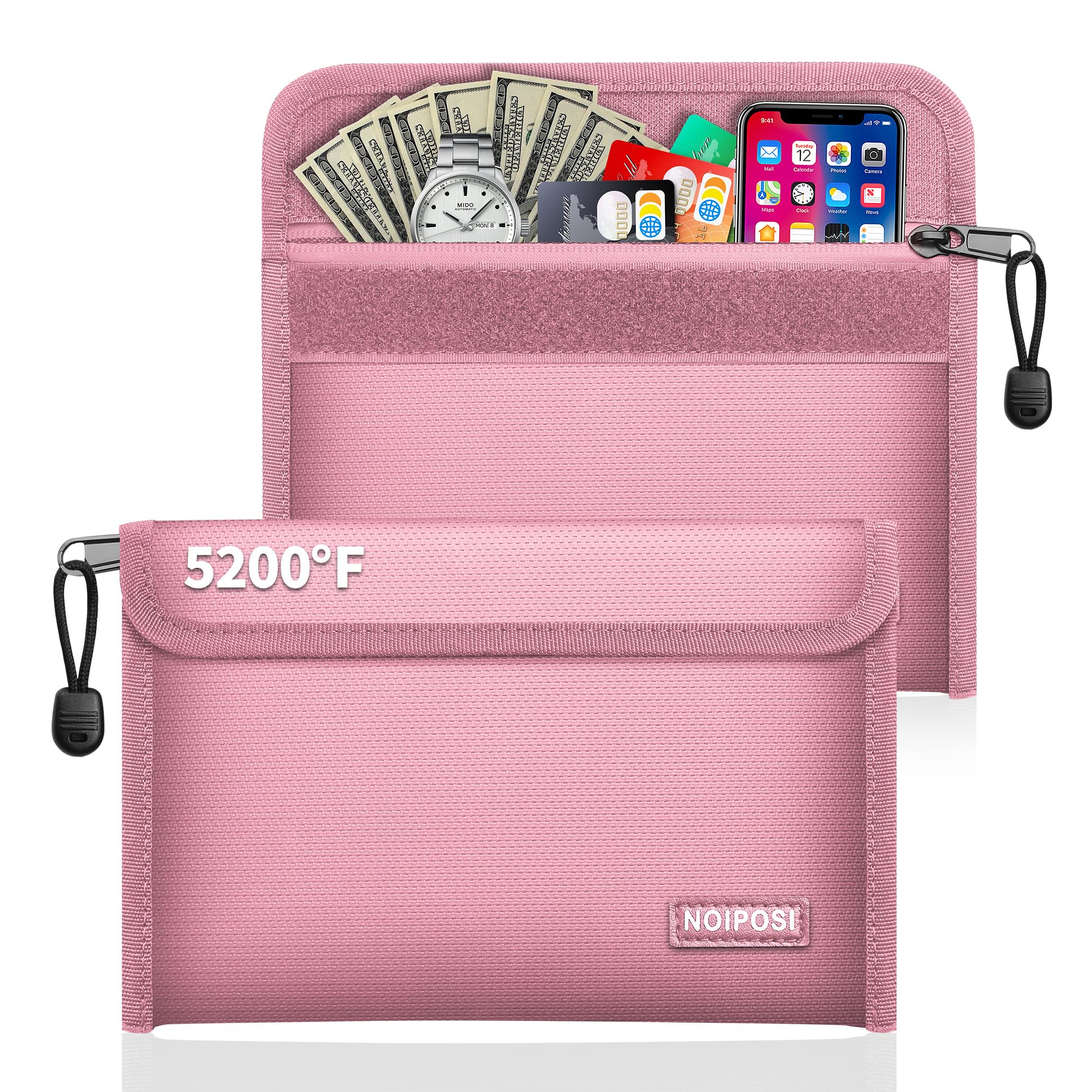 Noiposi 2-Pack Fireproof Bags (21,5x14 cm, 5200℉), 8-Layer Thermal Insulation Fireproof Cash Bag with Card Slot, Fire Proof Money Bag for Cash, Receipts, Bills, Passport(Pink)