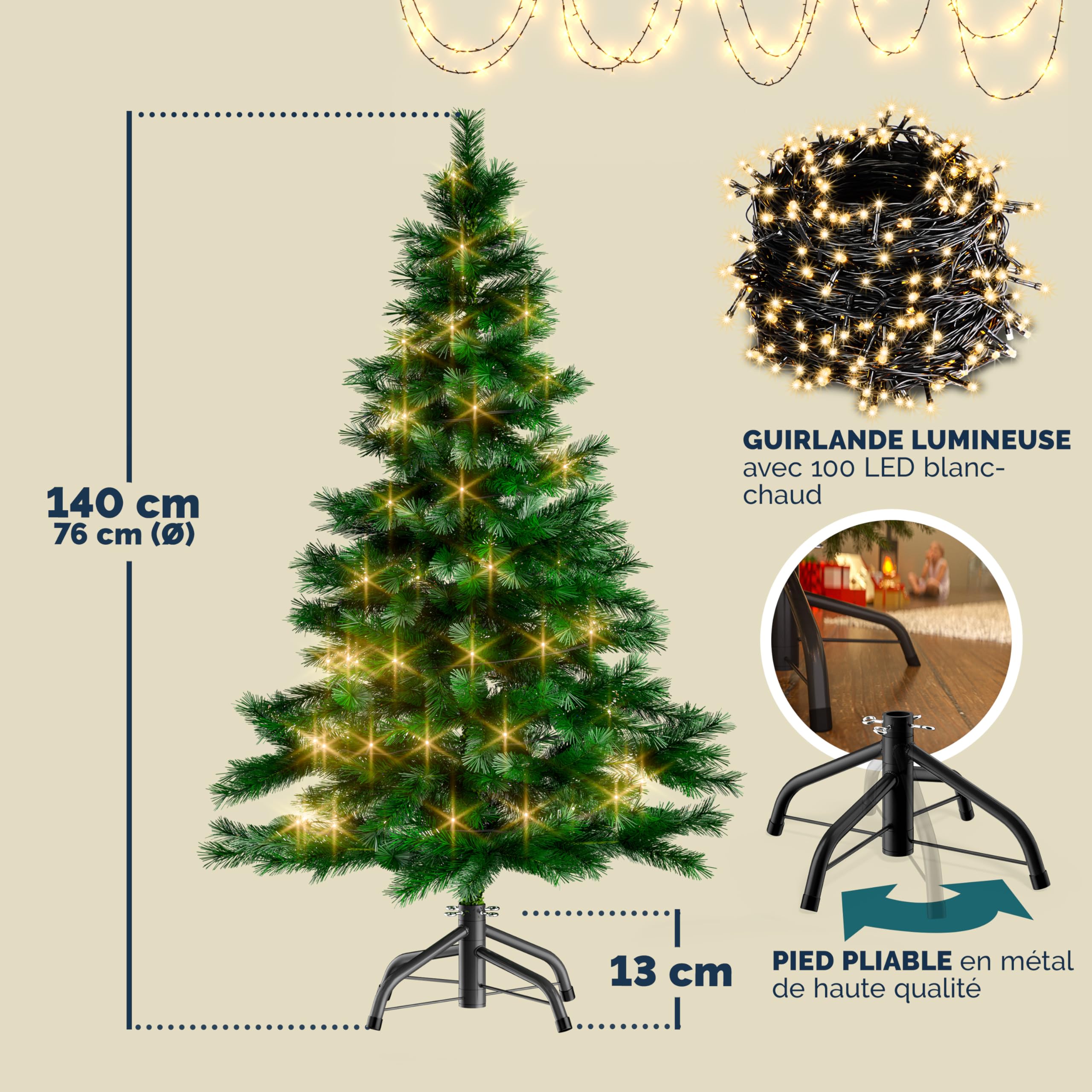 CASARIA® Sapin de Noël Artificiel 140 cm Vert Guirlande Lumineuse LED Arbre Imitation Parfaite PE 470 Branches Pied métal décoration réutilisable