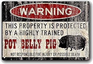 Warning This Property is Protected by a Highly Trained Pot Belly Pig Funny Vintage Style Metal Sign Iron Painting for Indoor & Outdoor Home Bar Coffee Kitchen Wall Decor 8 X 12 Inch