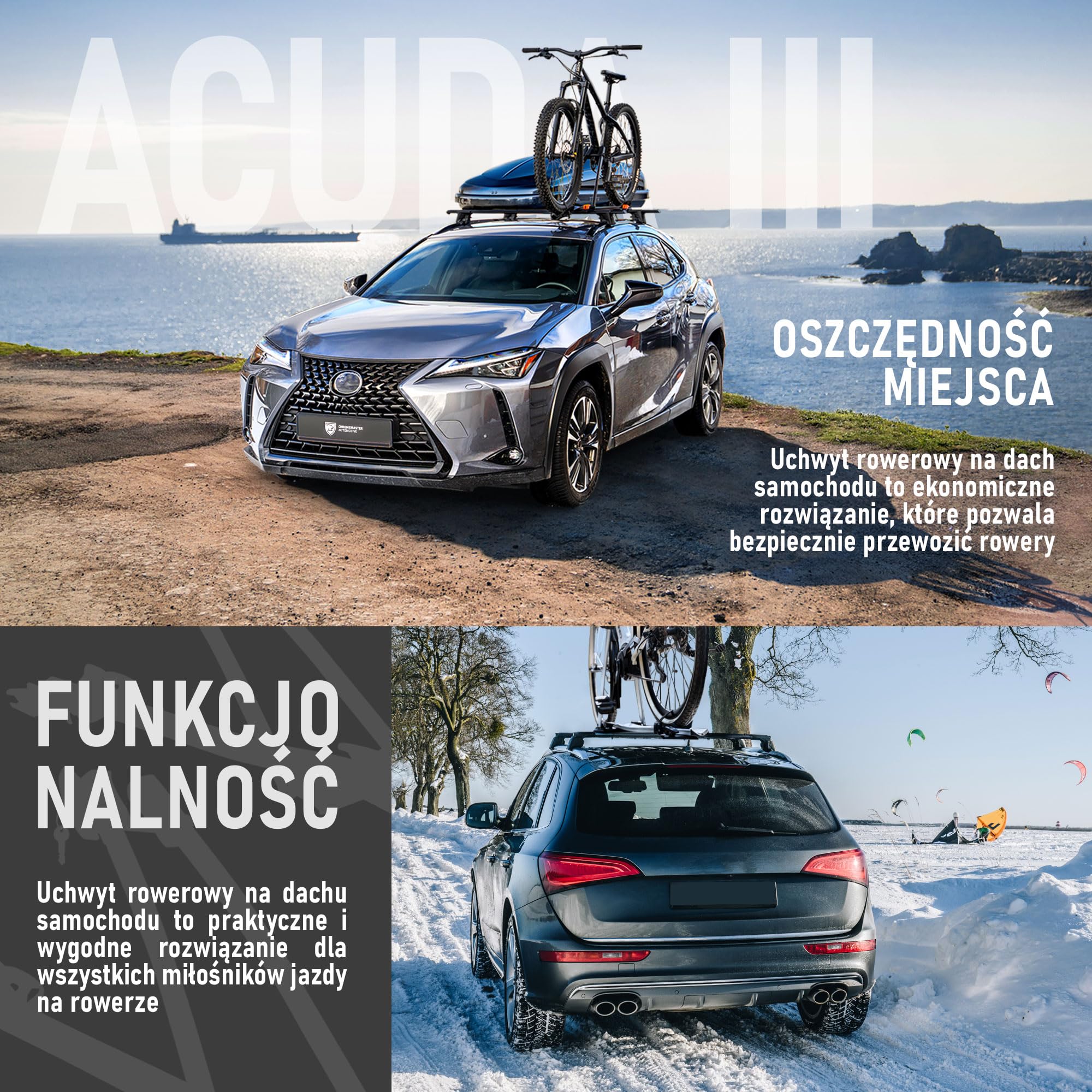AGURI ACUDA III | Bagażnik Rowerowy, Dachowy Stelaż Rowerowy, Uniwersalny Uchwyt Rowerowy na Dach Samochodu, Zamykany | Obciążenie do 20kg, | Lekka i Wytrzymała Konstrukcja z Aluminium | Srebrny