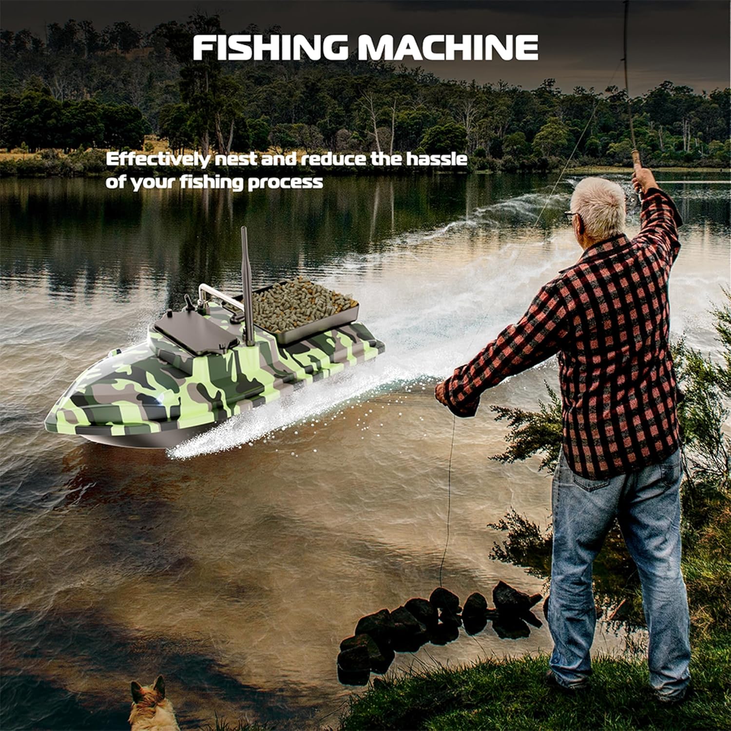 RC Bait Boat with Cruise Control for Adult Fishing Enthusiasts Wild Fishing - 1 Bait Tray, 3.3LBS Load, 18000mAh, Dual Motor, 500M Long Range Antenna