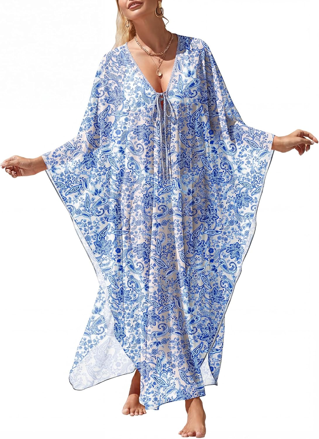 ANRABESS Women Kaftan Moo Moos Dresses Floral Batwing Sleeve V Neck Beach Swimsuit Cover Up Caftan Maxi Dress Blue Flower X-Large