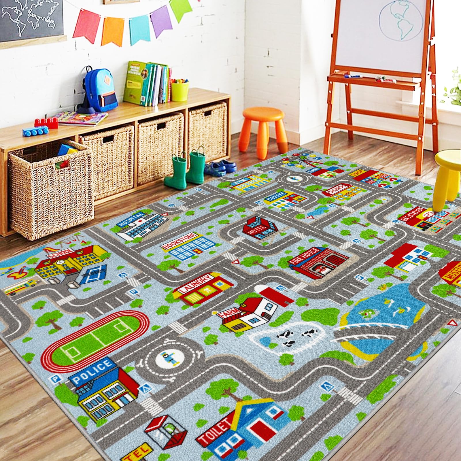 Capslpad Kinderteppich, Spielmatte für Spielraum, Verkehr, Straße, Kinderspielmatte für Kleinkinder, rutschfest, waschbar, Stadtkarte, Rennstrecke, Teppich für Kinderzimmer, Schlafzimmer, Kinderzimmer
