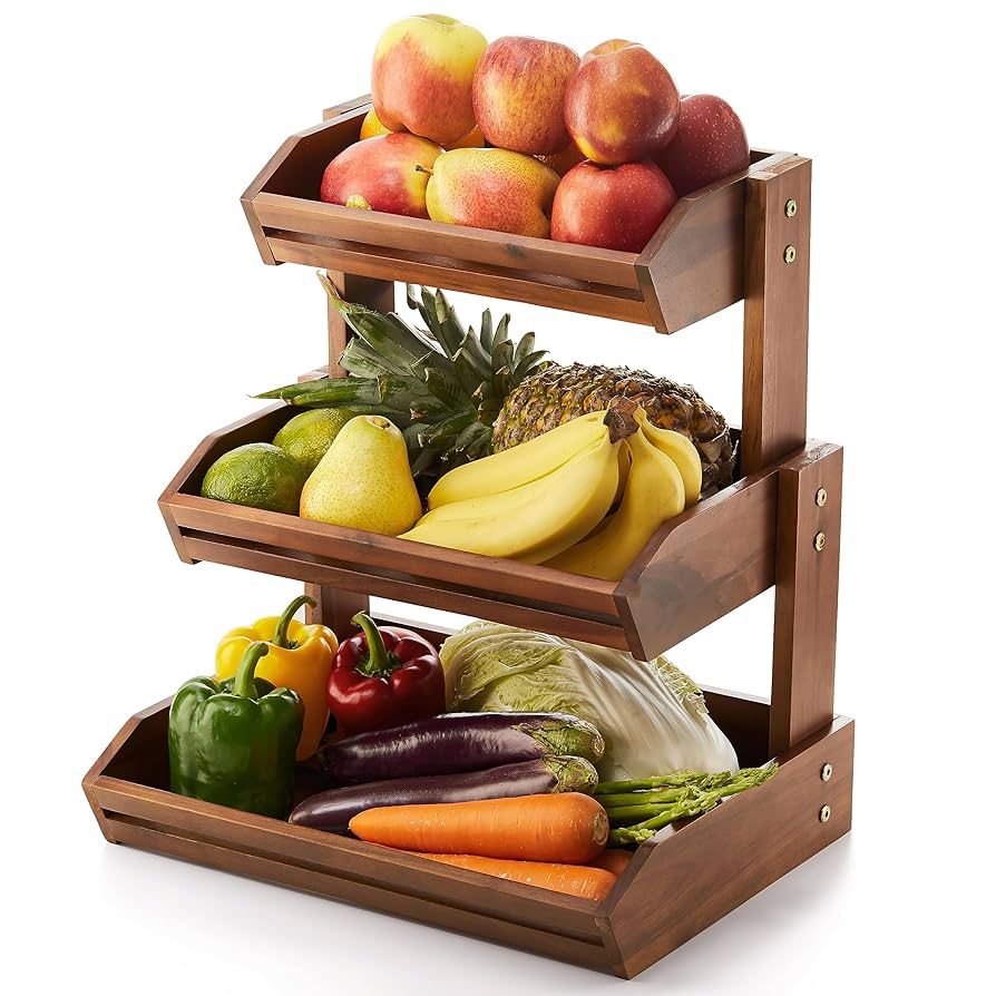 HOLANA Acacia 3 Tier Fruit Basket for Counter – Wooden Fruit Bowl for Kitchen Counter Organizer & Produce Storage Wooden Basket, Snack Organizer for Countertop, Kitchen Counter Storage (Acacia)