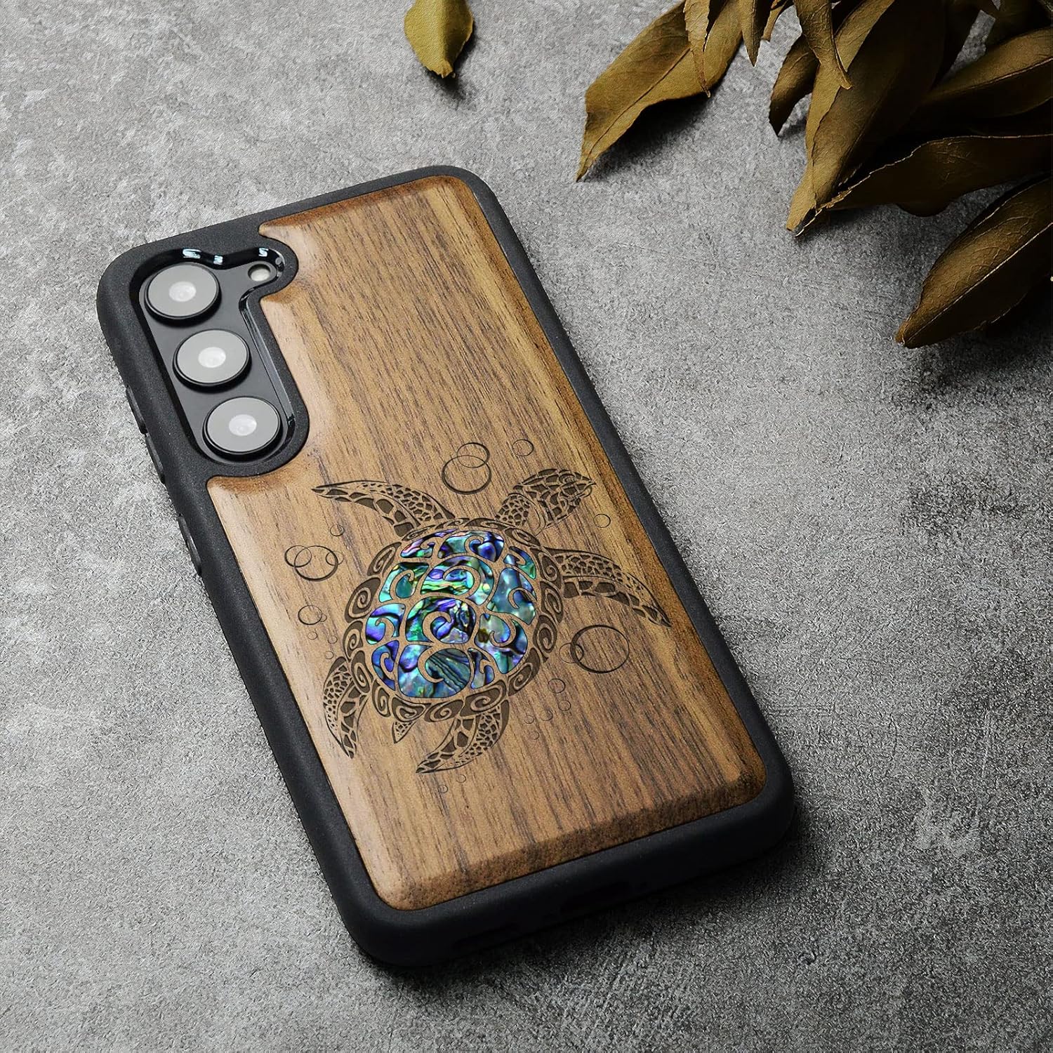 Carveit Designer Wooden Case for Samsung Galaxy S23 Plus Cover [Wood Engraving & Shell Inlay] Unique Wood Phone Case Compatible with Wireless Chargers Galaxy S23 Plus Case (Sea Turtle-Walnut)