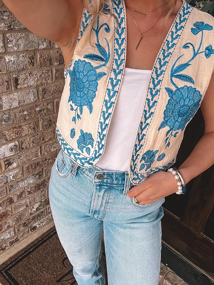 ミュージシャン HYSFORM FLOWER STAND KNIT VEST Mincib Women's Floral Embroidered Vest Boho Vintage Linen