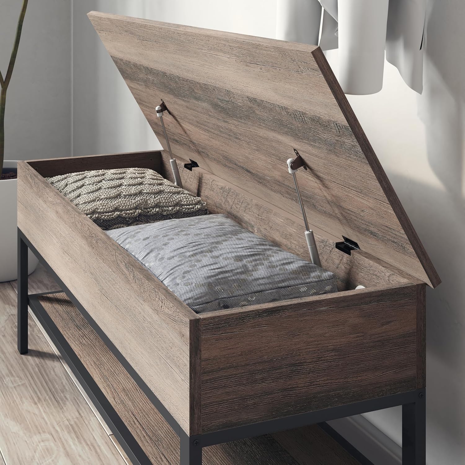 EMMA + OLIVER Marella Farmhouse Bench with Underseat and Lower Shelf Storage, 35.75", Gray Wash