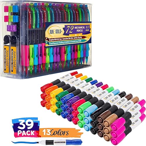 June Gold 39 marcadores de cincel de borrado en seco en 13 colores únicos y 72 lápices mecánicos, plomo HB #2 de 0.028 in, repuestos adicionales