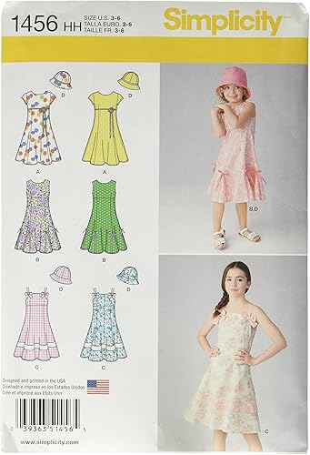 Simplicity 1456 Vestido de niña con variaciones de corpiño y patrones de costura de sombrero, tallas 3-6