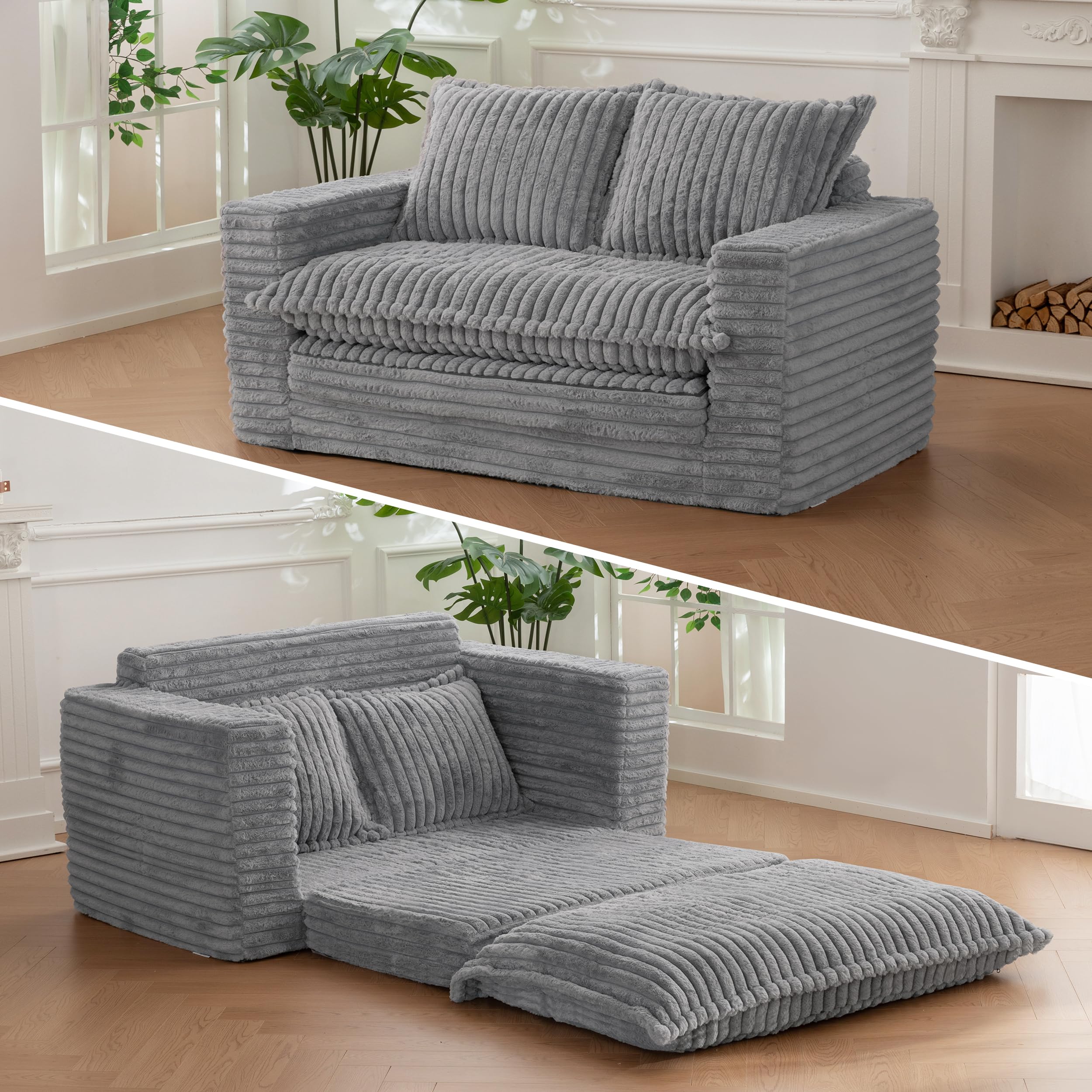 Loveseat Sleeper Sofa, Convertible Sofa Bed Couch Futon Couches for Living Room, 3-in-1 Pull Out Floor Couch with Cushion and Pillows, Dark Grey