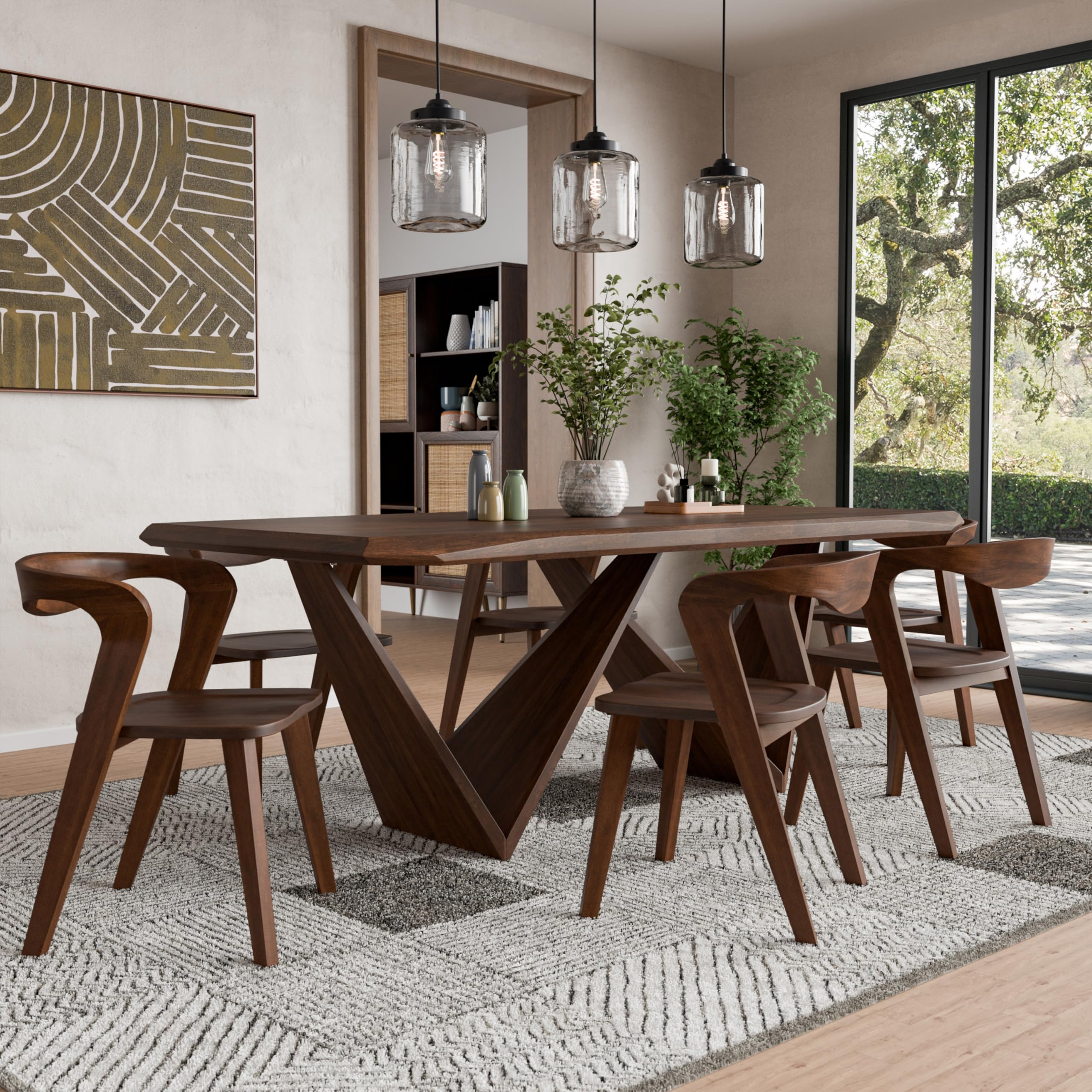Furniture of America Nazaen III Mid-Century Modern Solid Wood 7-Piece Live Edge Dining Set – 82.5" Brown Table with Upholstered Chairs for Home