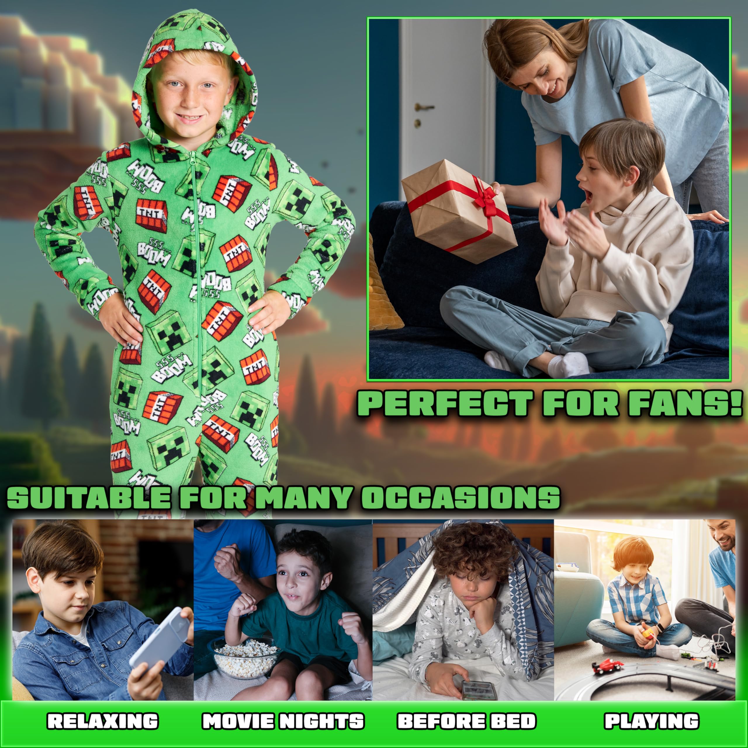 Minecraft Onesie Creeper Fleece Jumpsuit Sleepsuit Gamer Geschenk Schlafoverall mit Kapuze für Jungen