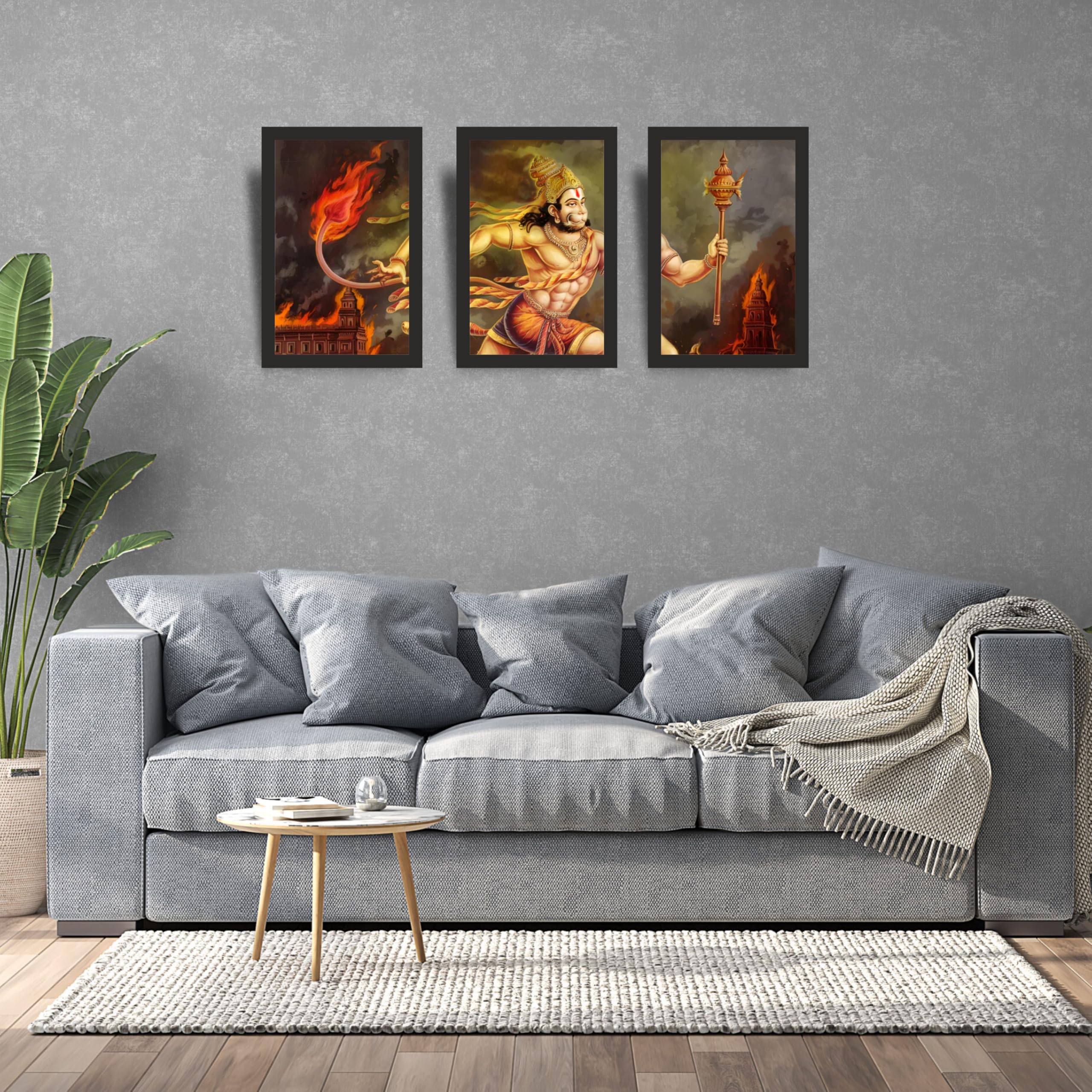 Lord Hanuman Lanka Dahan Wall Art Set of 3