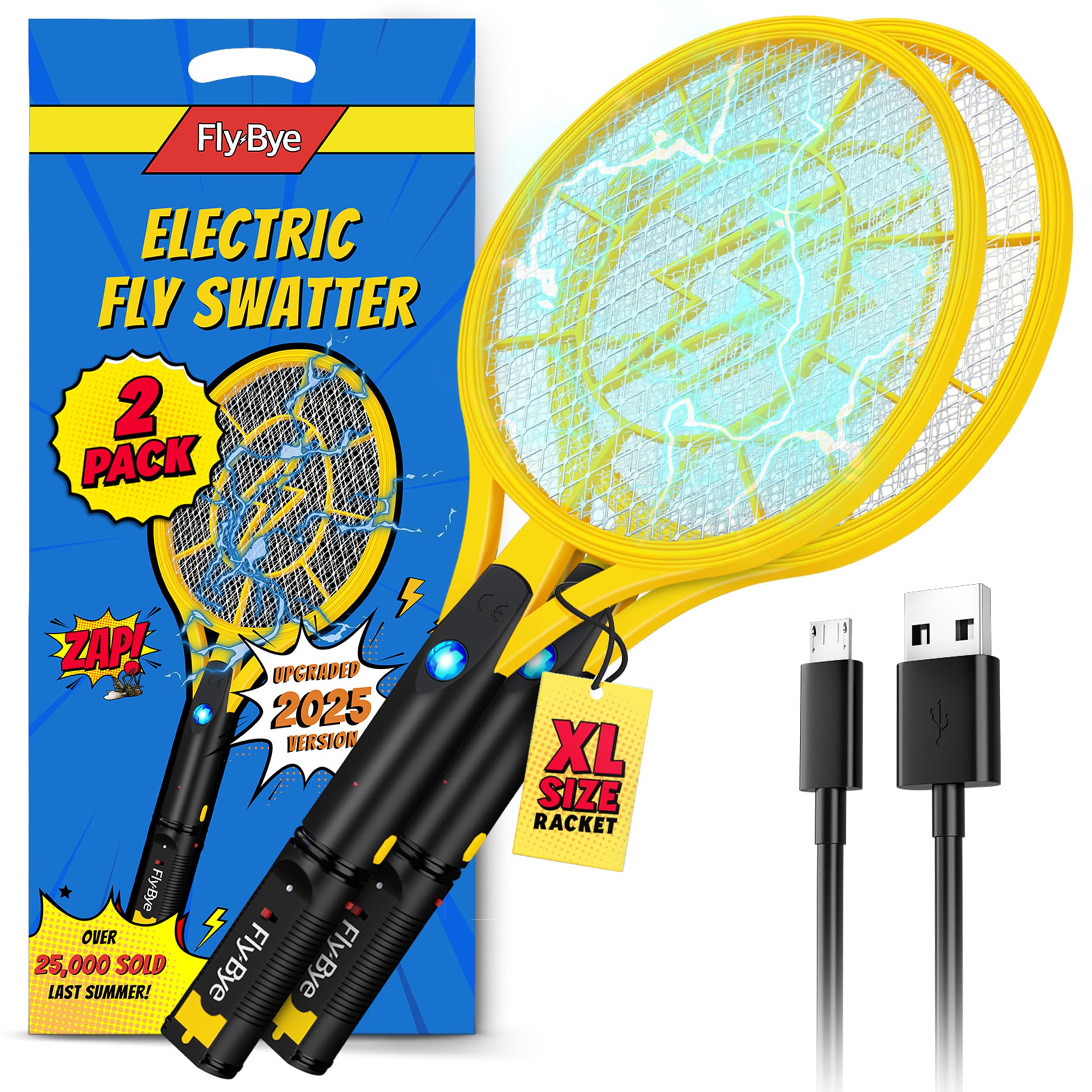 Fly-Bye - Electric Fly Zapper (XL) 4000V, USB Rechargeable, LED Light – Fly Killer Electric Swatter for Home - 2 Pack