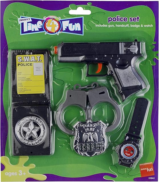 Smiffys Police Set with Gun Handcuff Badge and Watch ,Black
